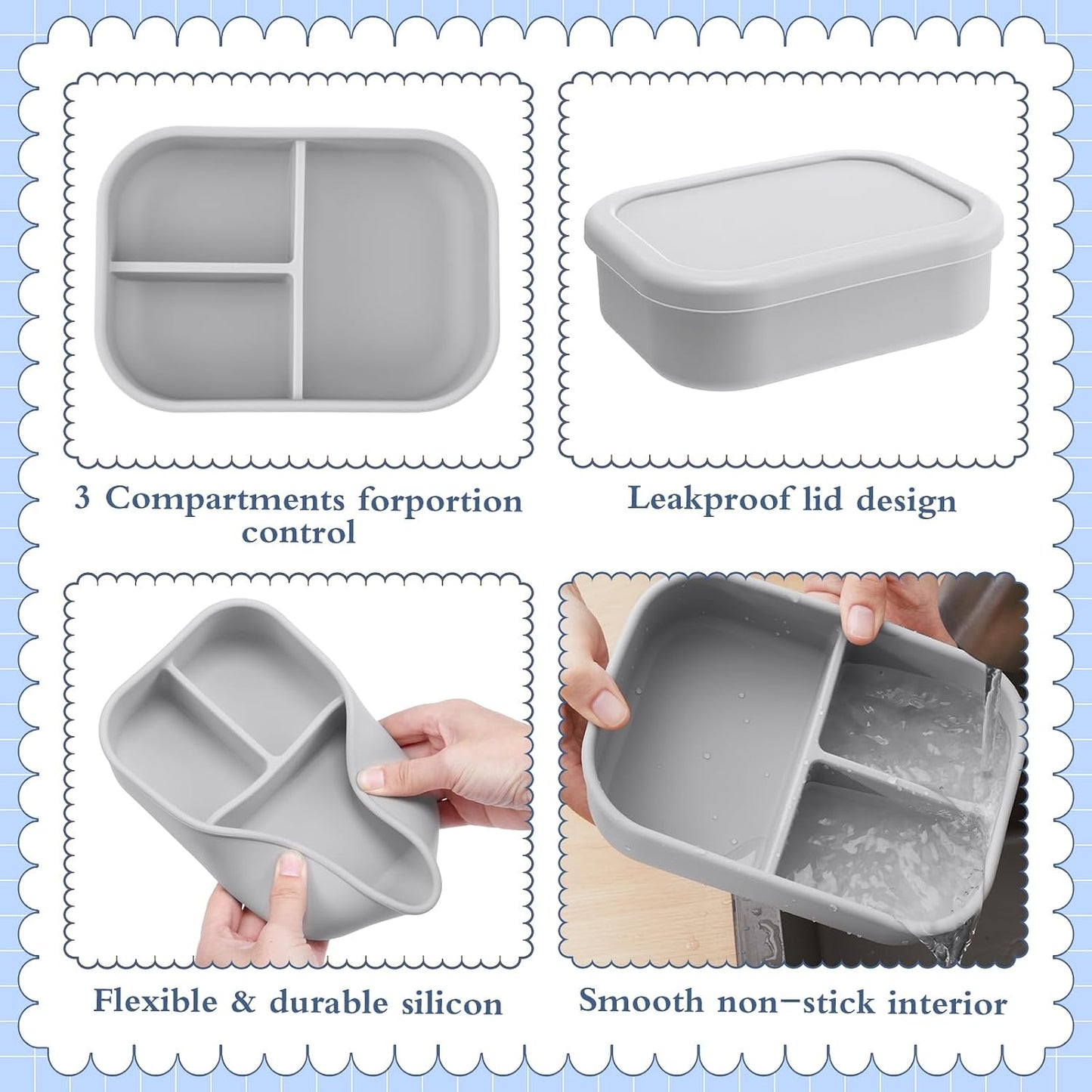 Honeydak 6 Pcs Silicone Bento Box Reusable Silicone Bento Lunch Container for Adults Microwave Dishwasher Freezer Safe 3 Compartment (Light Colors)
