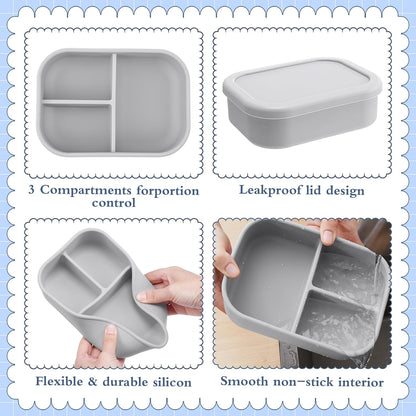 Honeydak 6 Pcs Silicone Bento Box Reusable Silicone Bento Lunch Container for Adults Microwave Dishwasher Freezer Safe 3 Compartment (Light Colors)