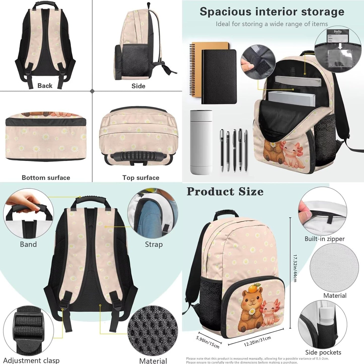 Cute Capybara Pizza Backpack for Girls, 5 Pcs Boys School Bag Set for Kids, 17 Inch Backpacks Lunch Pencil Box Reusable Utensils Case Set for Middle Elementary School, 3rd Grade Backpack