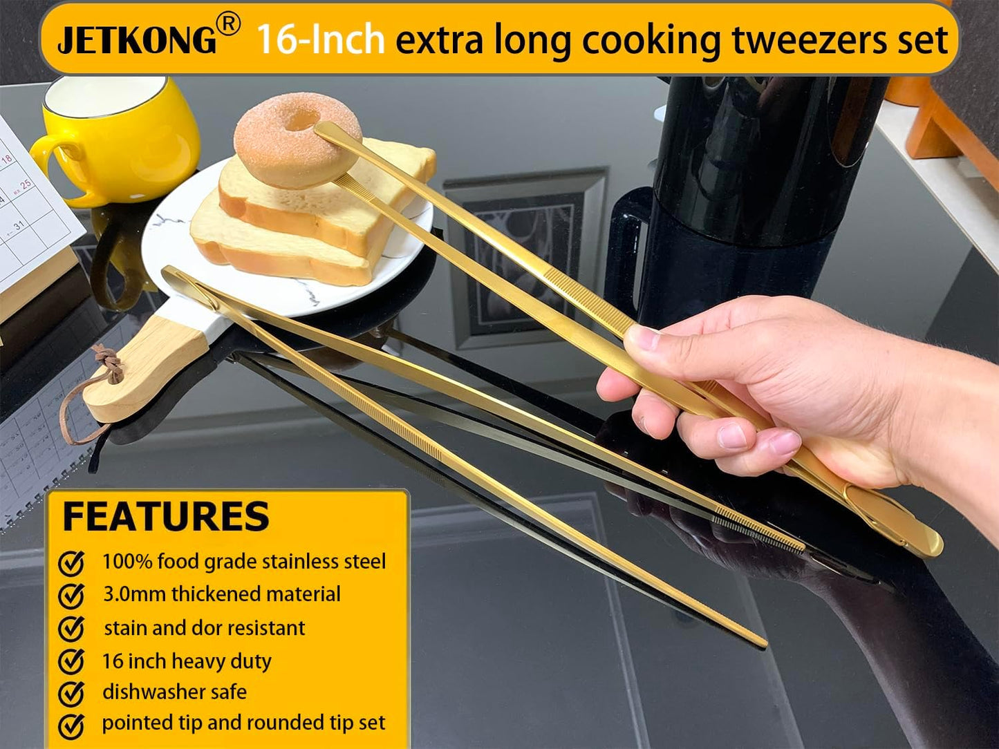 JETKONG 2 Pcs 12-Inch Kitchen Tweezers Fine Tweezer Tongs, Extra-Long Stainless Steel Cooking Tweezers (Silver)