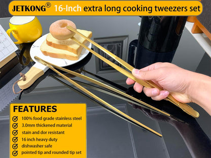 JETKONG 2 Pcs 12-Inch Kitchen Tweezers Fine Tweezer Tongs, Extra-Long Stainless Steel Cooking Tweezers (Silver)