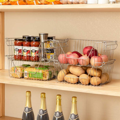 Stackable Wire Metal Baskets Sturdy Cabinet Organizer Wire Pantry Freezer Bin with Handle for Kitchen Fruit Vegetable Organization, Black, 3Packs