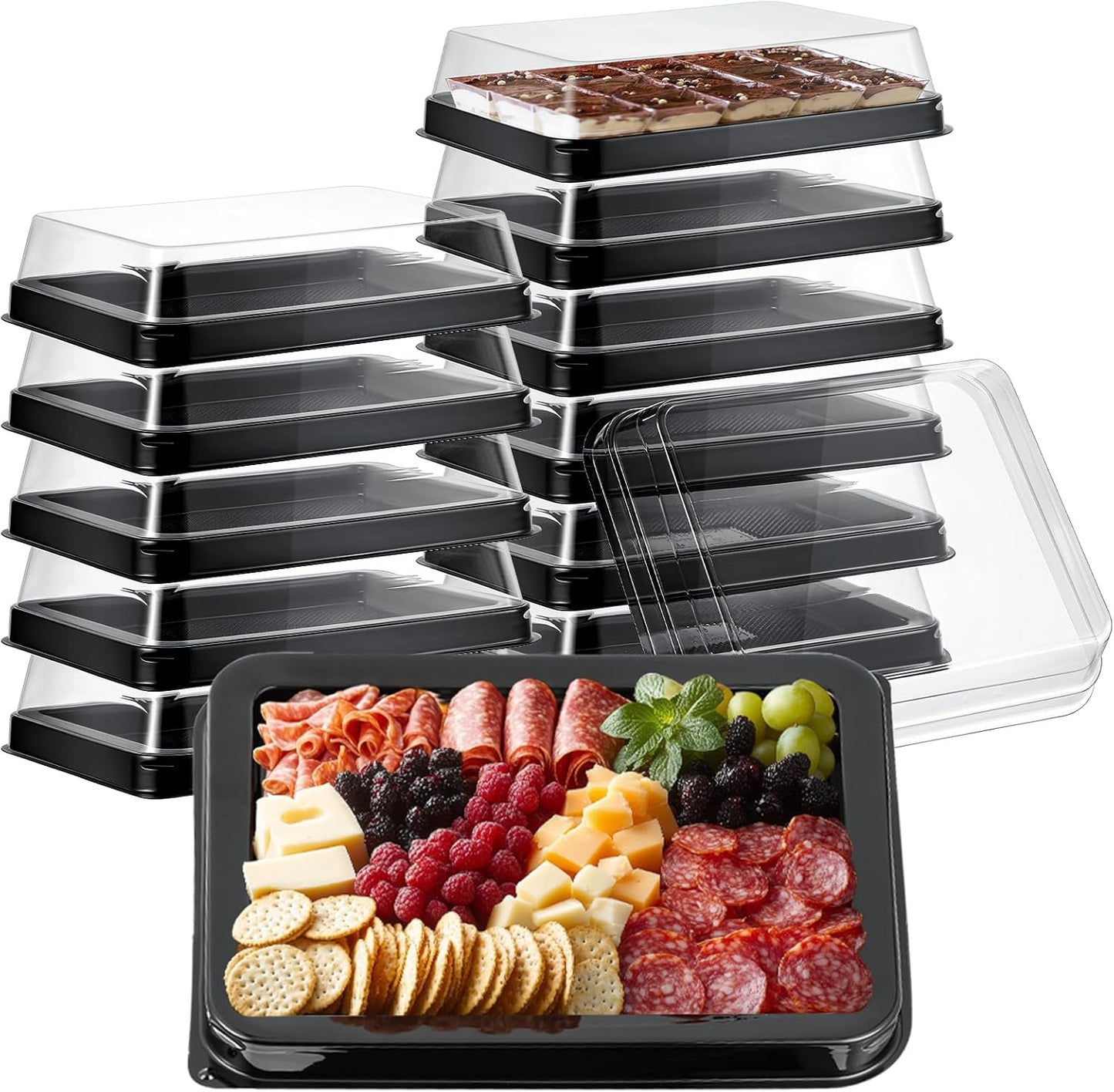 Tessco 12 Pcs Plastic Serving Trays with Lids Disposable Catering Trays 12.4 x 9.45 x 2.76 Inch Reusable Plastic Party Platters Charcuterie Board Box with Lids for Cookie Sandwich Christmas(Black)