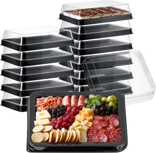 Tessco 12 Pcs Plastic Serving Trays with Lids Disposable Catering Trays 12.4 x 9.45 x 2.76 Inch Reusable Plastic Party Platters Charcuterie Board Box with Lids for Cookie Sandwich Christmas(Black)