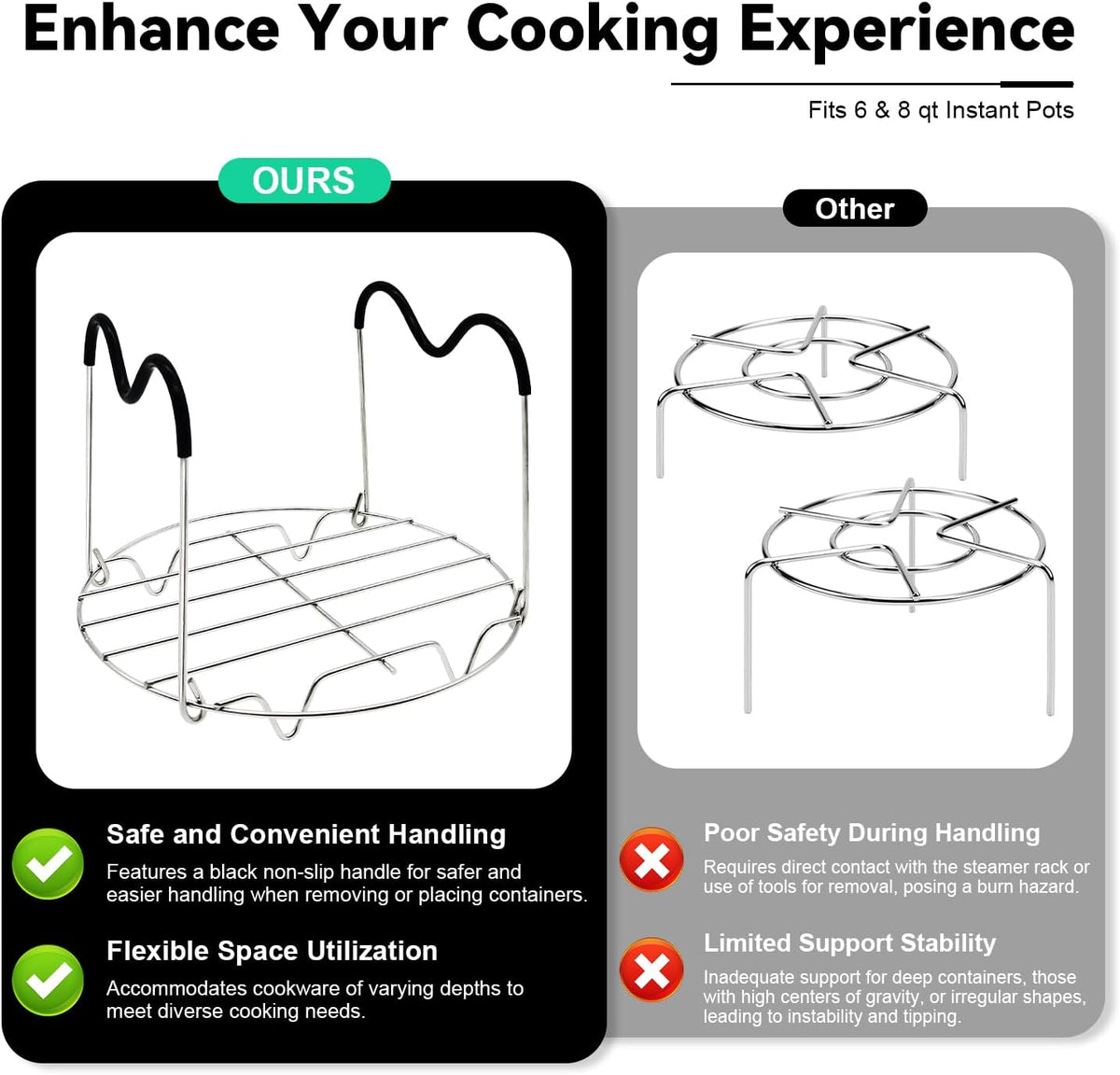 Trivet Compatible with Instant Pot 6 & 8 Qt Pressure Cookers, Steamer Rack with Silicone Handles, Stainless Steel Elevated Cooking Rack for Eggs, Veggies & Meat
