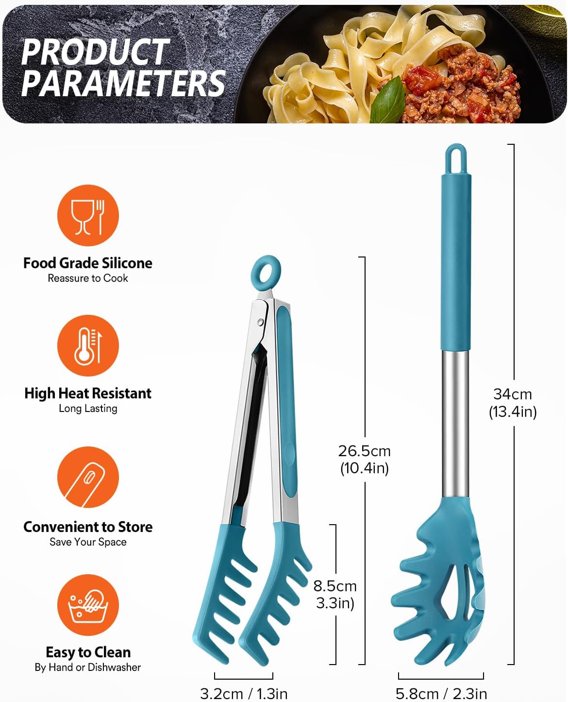 Silicone Spaghetti Spoon & Pasta Tong, Non-Stick Stainless Steel Handle Pasta Fork Set with Teeth, Food Clip for Easy Serving of Noodles (Blue)