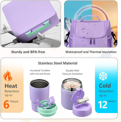 Pawtong Lunch Box Set with Bento Box Container, 17OZ Stainless Steel Food Soup Thermo, Kids Water Bottle & Portable Insulated Lunch Bag, Leakproof, Hot/Cold Retention for School, Travel (Purple-Horse)