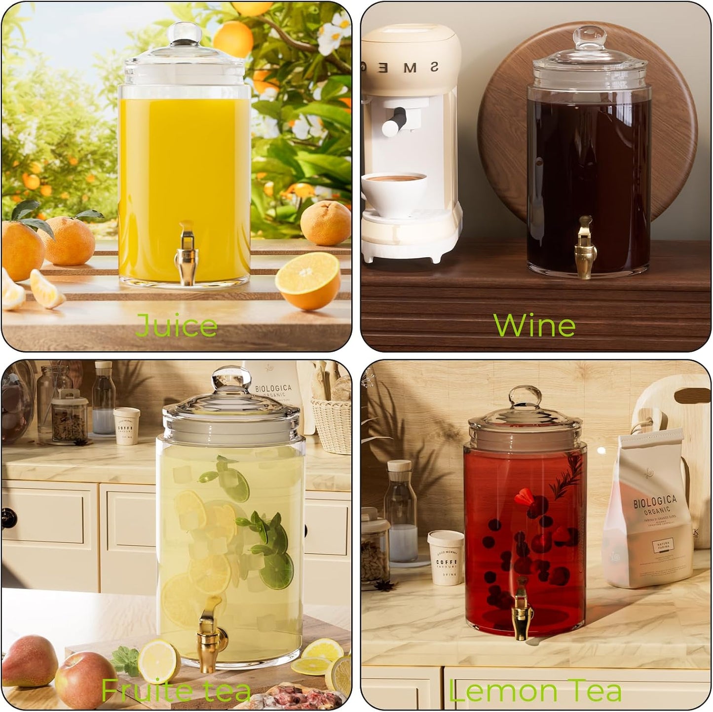 Glass Drink Dispensers For Parties, 2 PACK 1 Gallon Beverage Dispenser With Stand And Spigot Leak proof. Lemonade Dispenser With Ice Cylinder and Chalk board