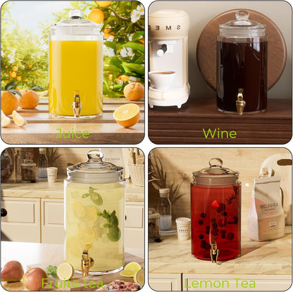 Glass Drink Dispensers For Parties, 2 PACK 1 Gallon Beverage Dispenser With Stand And Spigot Leak proof. Lemonade Dispenser With Ice Cylinder and Chalk board