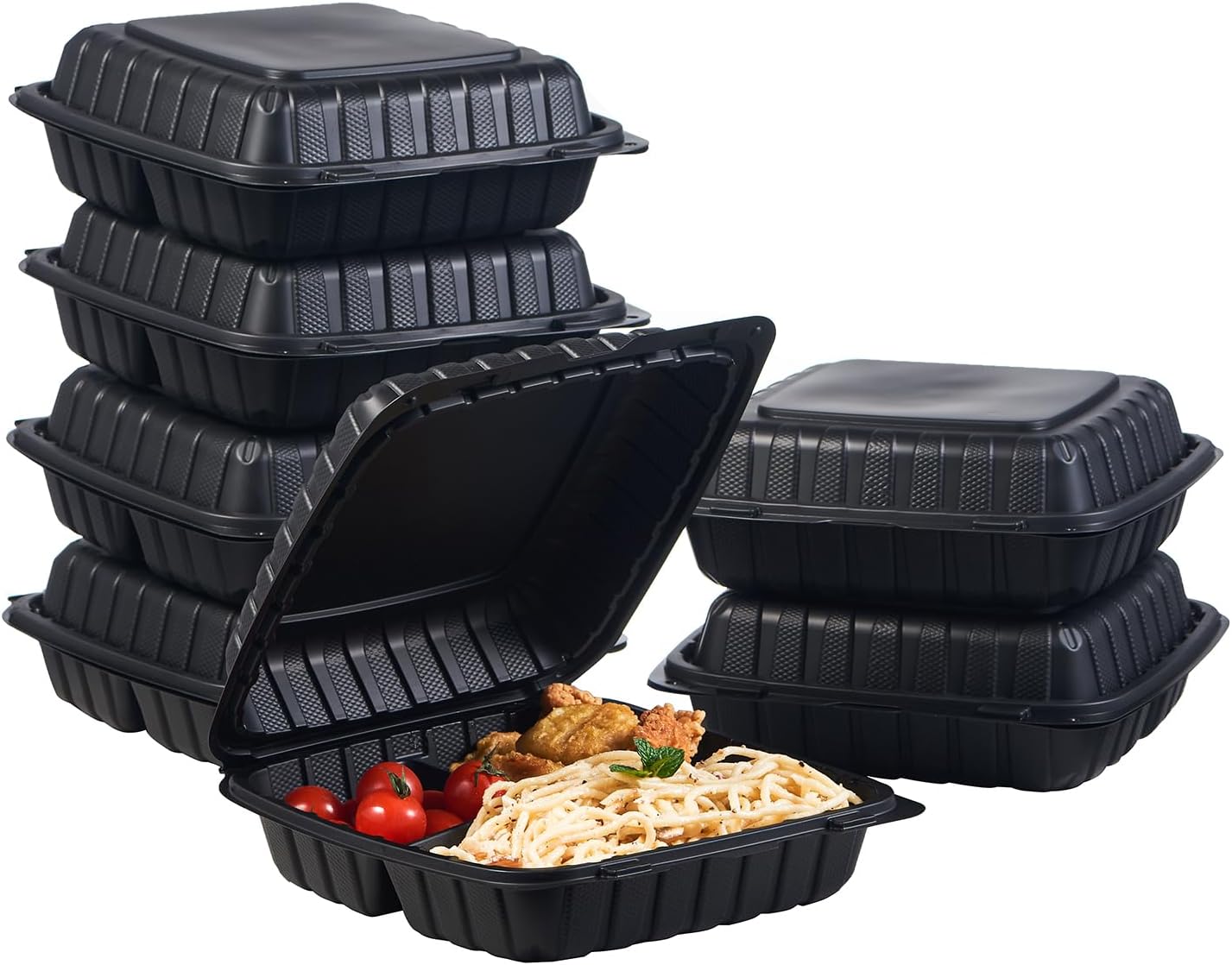 8X8 3-Compartment 50-Pack Plastic Clamshell Takeout Food Trays Heavy Duty Togo Disposable Box Carryout Meal Prep Packaging Catering Hinged Containers With Secure Snap Lid (Formerly FULING)
