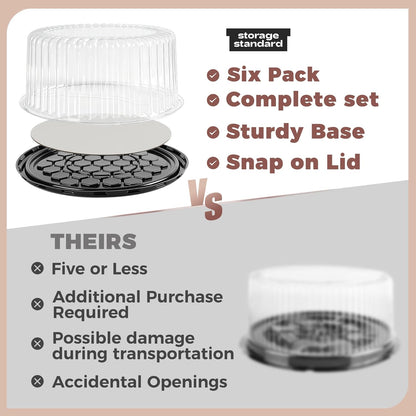 6-Pack Cake Carrier Holder Container for 10 Inch Round Cakes - Plastic Disposable Cake Containers, Take Out Storage w/Clear Dome Lids, Black Base Serving Trays, White Cake Boards, 12 x 5 Inches
