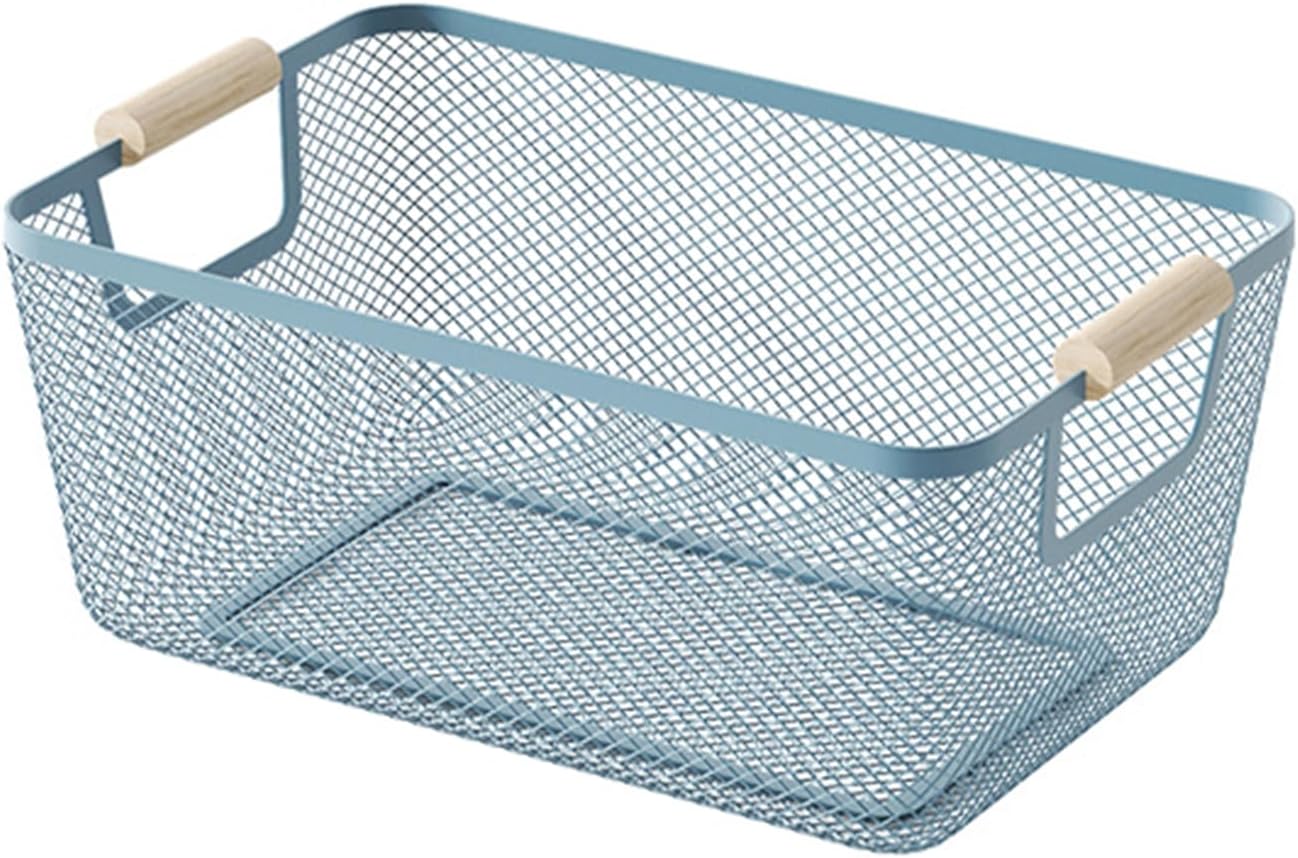 AJIODA Metal Mesh Steel Basket, Large Wire Storage Organizer Basket Multi-function Hanging Kitchen Baskets with Wood Handle for Kitchen Bathroom Picnic Home, Rectangle-Off White