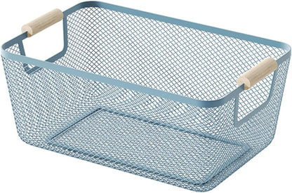 AJIODA Metal Mesh Steel Basket, Large Wire Storage Organizer Basket Multi-function Hanging Kitchen Baskets with Wood Handle for Kitchen Bathroom Picnic Home, Rectangle-Off White