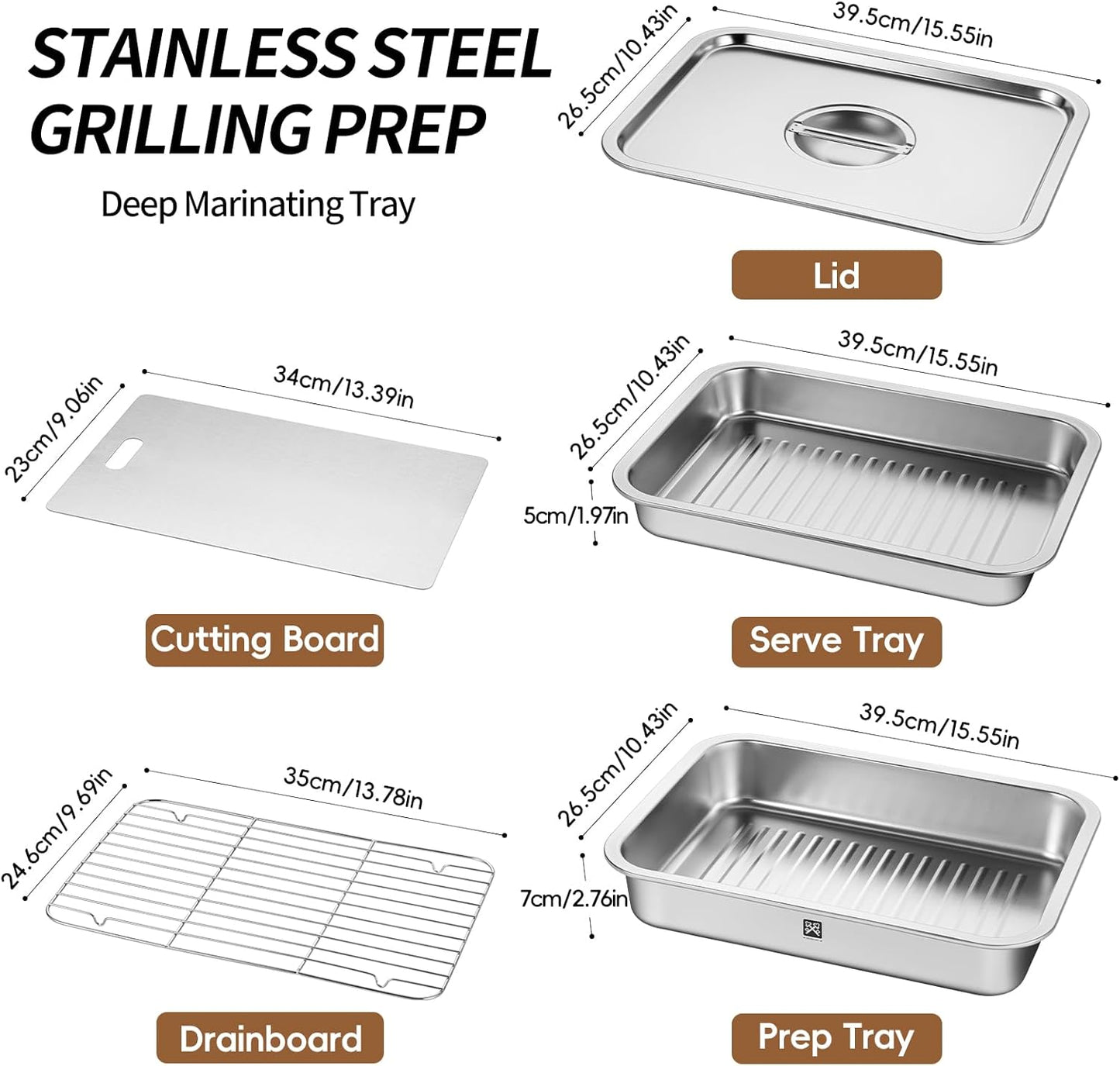GOLDEN KEY Grilling Prep and Serve Tays,Stainless Steel Grill Carry System,5 Pcs Grill Prep Trays Set for Outdoor Picnic, Heat Resistant, Stackable, Includes Marinade Container & Cutting Board