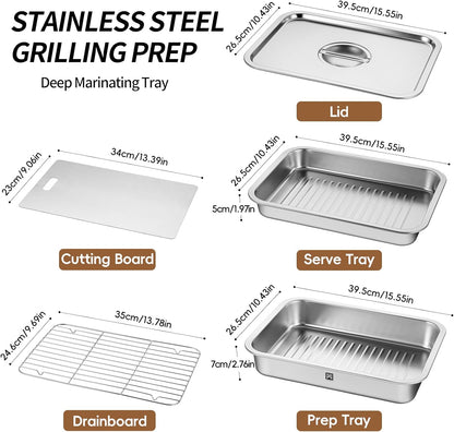 GOLDEN KEY Grilling Prep and Serve Tays,Stainless Steel Grill Carry System,5 Pcs Grill Prep Trays Set for Outdoor Picnic, Heat Resistant, Stackable, Includes Marinade Container & Cutting Board
