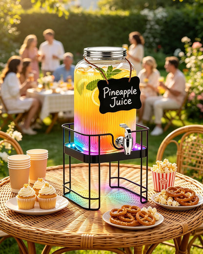 PAROTO Drink Dispensers for Parties, 2 Pack 1 Gallon Glass Beverage Dispenser with Stand and LED Strip Light, Lemonade Juice Water Dispenser with Spigot for Wedding Bar Picnic BBQ Buffet Event