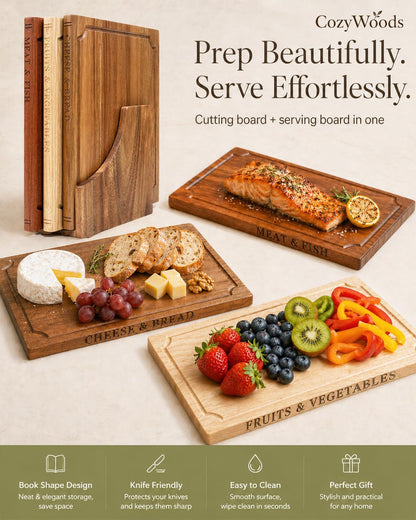 Book Cutting Board Set with Stand,3-Piece Real Hardwood Kitchen Boards
