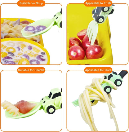 Deinyi Construction Toddler Utensils - Reusable Plastic Toddler Fork and Spoon & Storage Case - Suitable for Kids Utensils - Easter Gifts and Birthday Gifts for 1 2 3 4 5 6 7 year old, Yellow