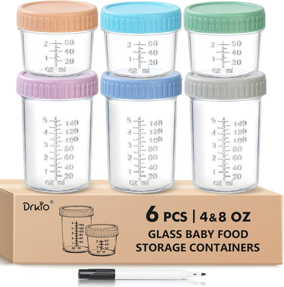 DRKIO 6 Pack Glass Baby Food Storage Containers - 4 Oz Baby Food Jars with Lids Baby Food Maker Microwave Dishwasher Freezer Safe 100% Leak Proof BPA Free Reusable