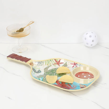 UPware Flamingo Melamine Chip and Dip Snack Tray, Tropical Floral Pickleball Paddle Shape Platter for Chips, Salsa, Fruits, and Appetizers, 15.75 x 8 Inch