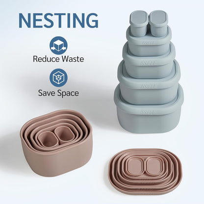 ISSEVE 12Pcs/Set Nesting Silicone Food Storage Containers with Lids, BPA Free Reusable Meal Prep Silicone Containers Airtight, Freezer Dishwasher Safe (33.8oz, 20oz, 10oz, 6.7oz, 1.3oz) (Beige)