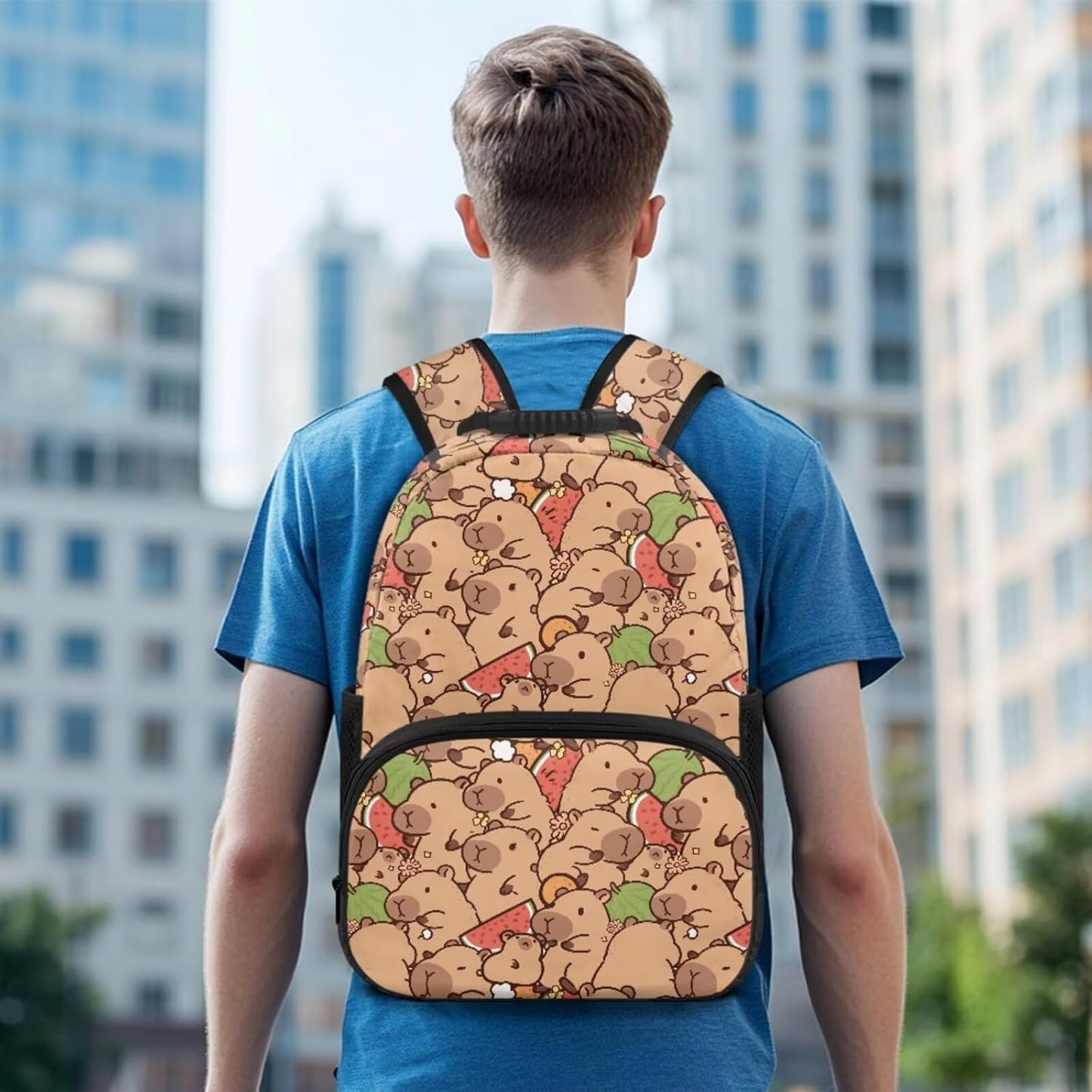 Cute Capybara Pizza Backpack for Girls, 5 Pcs Boys School Bag Set for Kids, 17 Inch Backpacks Lunch Pencil Box Reusable Utensils Case Set for Middle Elementary School, 3rd Grade Backpack