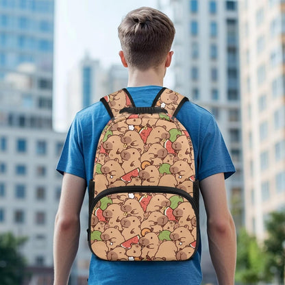 Cute Capybara Pizza Backpack for Girls, 5 Pcs Boys School Bag Set for Kids, 17 Inch Backpacks Lunch Pencil Box Reusable Utensils Case Set for Middle Elementary School, 3rd Grade Backpack