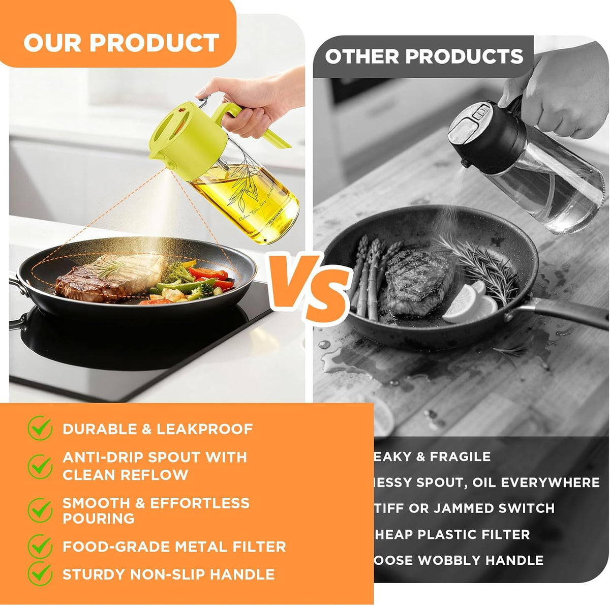 PLAPITATE 17oz/500ml Premium Olive Oil Sprayer for Cooking, 2 in 1 Glass Olive Oil Dispenser Bottle for Kitchen Gadgets, Spray Bottle with Portion Control for Salad, Frying, BBQ (Black)