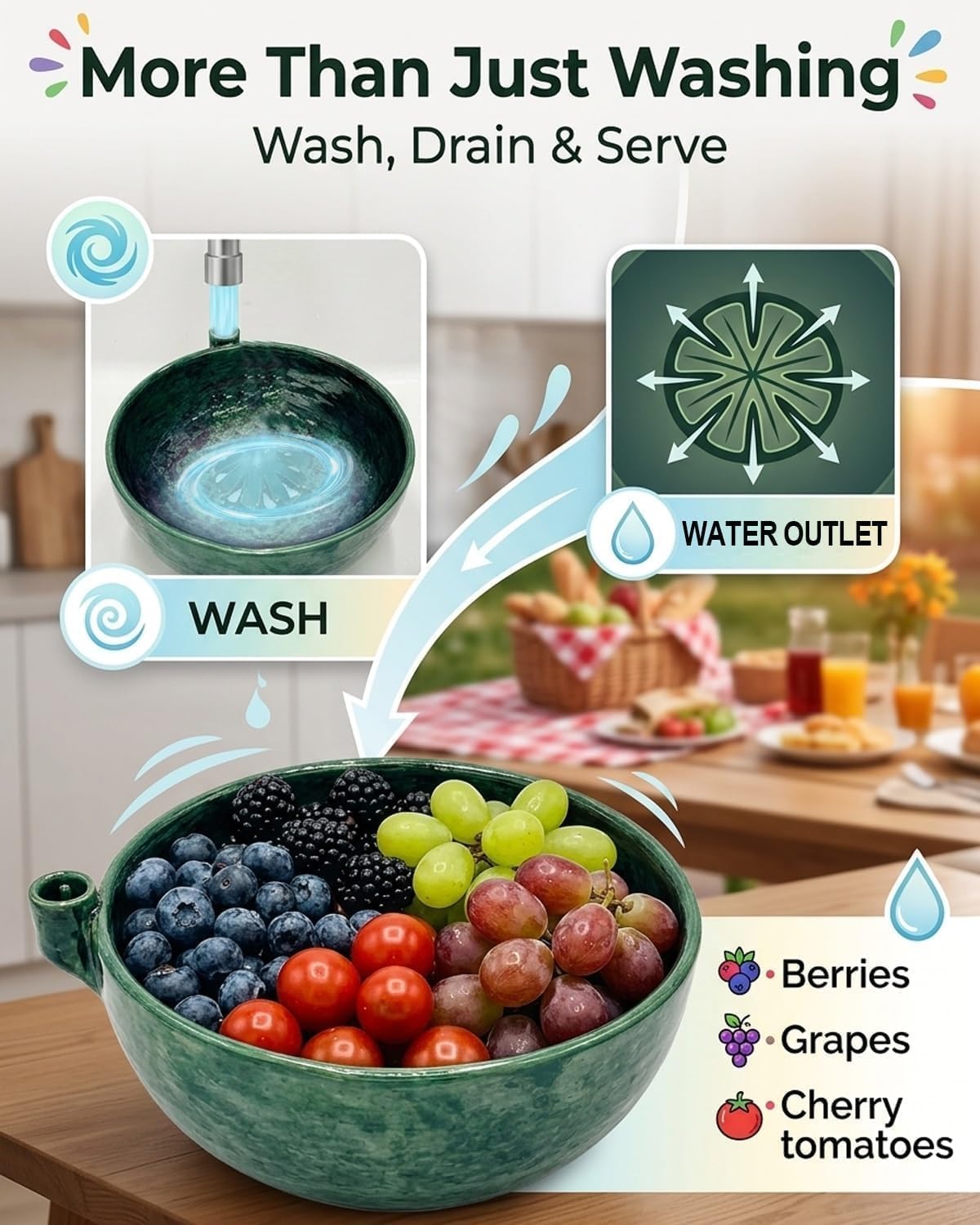 Self Spinning Berry Washing Bowl, Ceramic Berry Bowl with Drain Holes, Fruit Washer Spinner with Strainer and Colander, Handmade Multipurpose Bowl for Washing Berries, Fruits and Vegetables