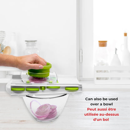 Starfrit Easy Mandoline Slicer, Dicer - 5-Blades - Straight & Crinkle Blades, Julienne, Grater & Shredder - Self-Feeding Pusher - Catch Base for Storage and Food Container