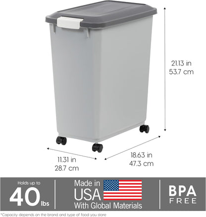 IRIS USA Dog Food Storage Container with Wheels, Airtight Lid, 2-Cup Scoop, Up to 30 Pounds Pet Food Storage, Built in Scoop Storage in Lid, Versatile Pet Food Bin, Portable, BPA Free, Gray/Dark Gray
