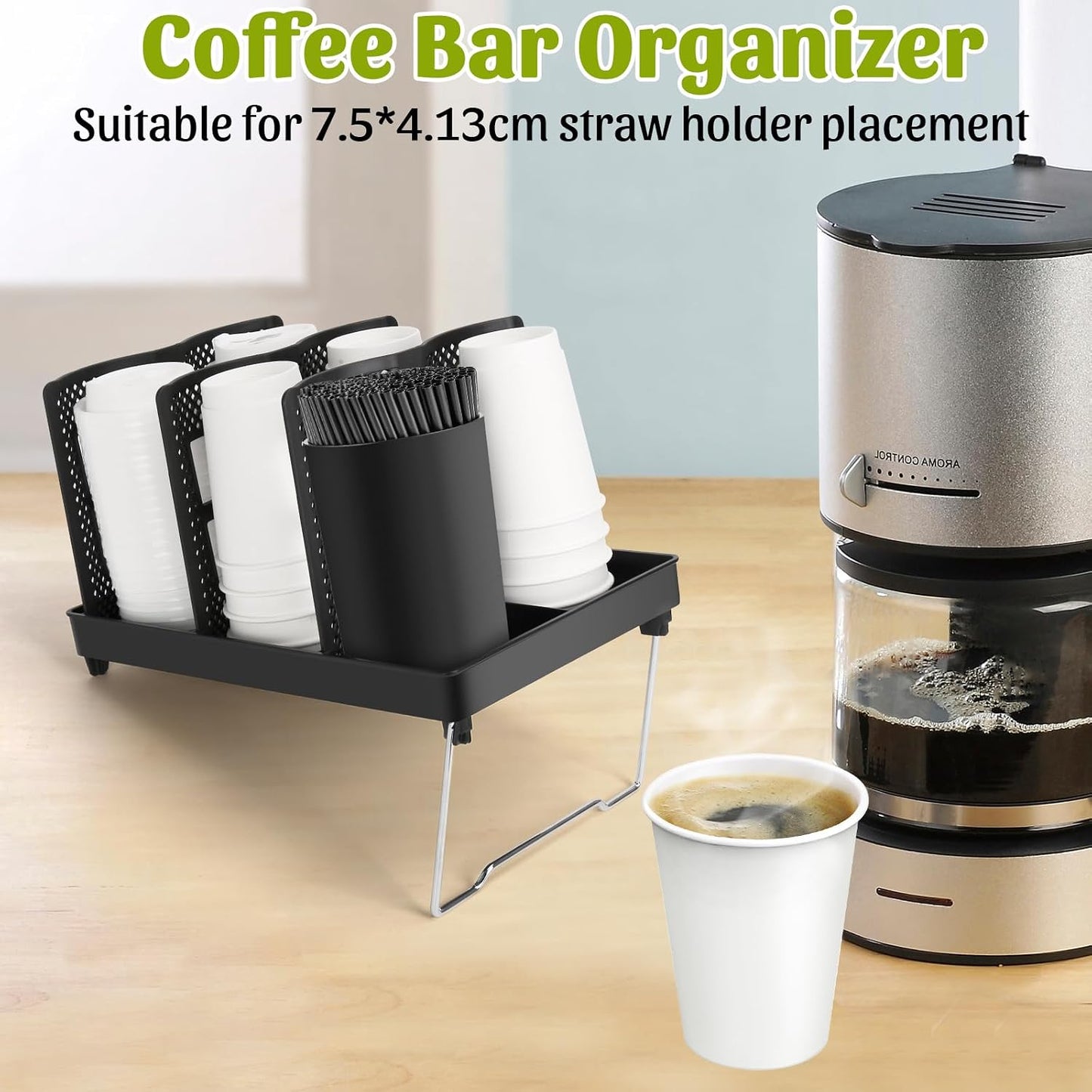 6-Compartment Cup and Lid Holder, Plastic Coffee Cup Holder with Straws Holder, 10-22oz Disposable Paper Cups Organizer for Countertop, Station, Bar,Office, Restaurant, Breakroom