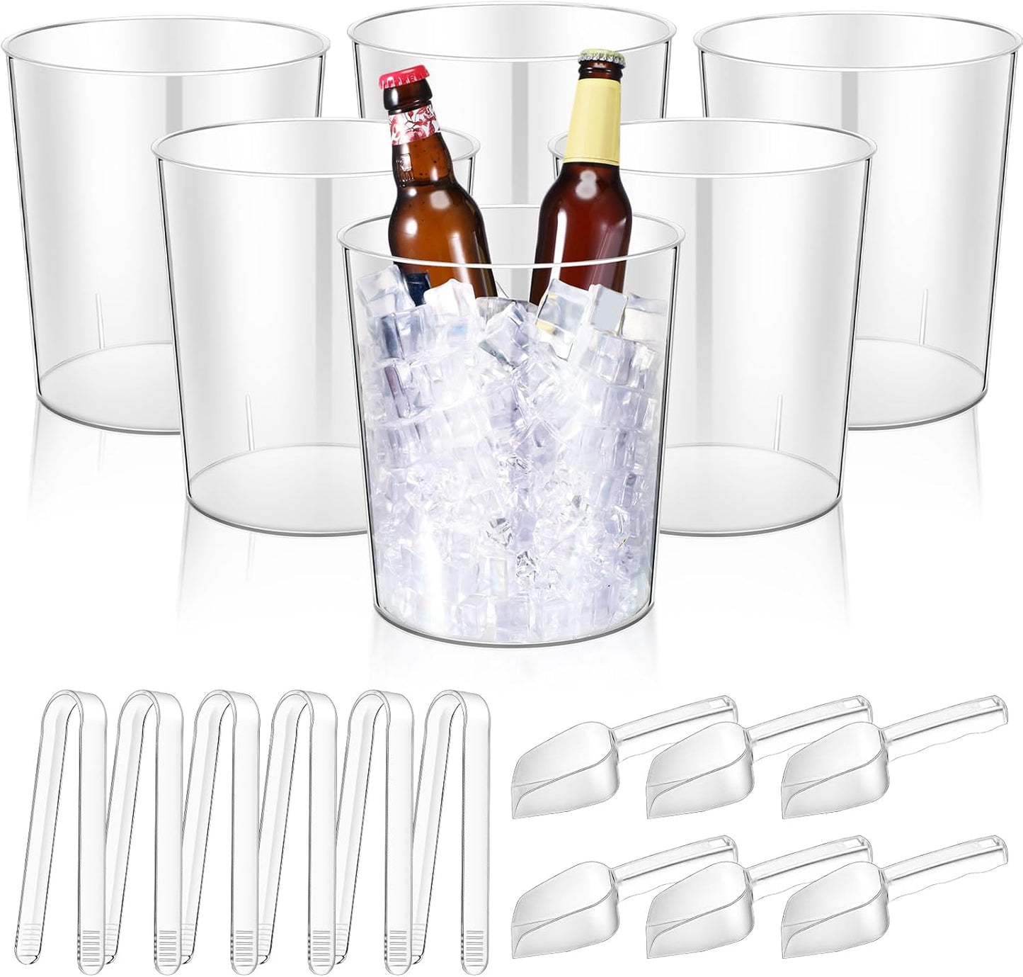 Norme 18 Pcs Plastic Ice Bucket for Parties 5L Clear Wine Bottle Chiller with Handles Round Beverage Tub with Plastic Ice Scoop and Plastic Buffet Serving Tongs Mini Serving Utensil Tongs for Beer