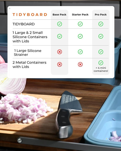 TidyBoard Meal Prep System Starter - Over-the-Sink Smart Chopping Board with 1 Large Strainer, Tubs, & Lids - 1” Thick Acacia Wood Cutting Board with Containers & Strainer, 12 pieces