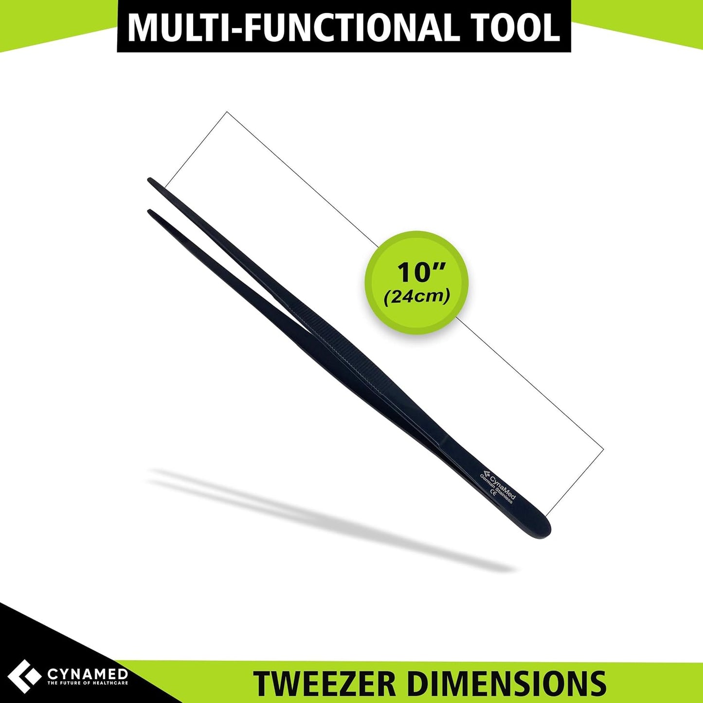 Cynamed 10” Kitchen Premium Tongs Tweezers Stainless Steel, Long with Precision Serrated Tips (Blue, Bayonet)