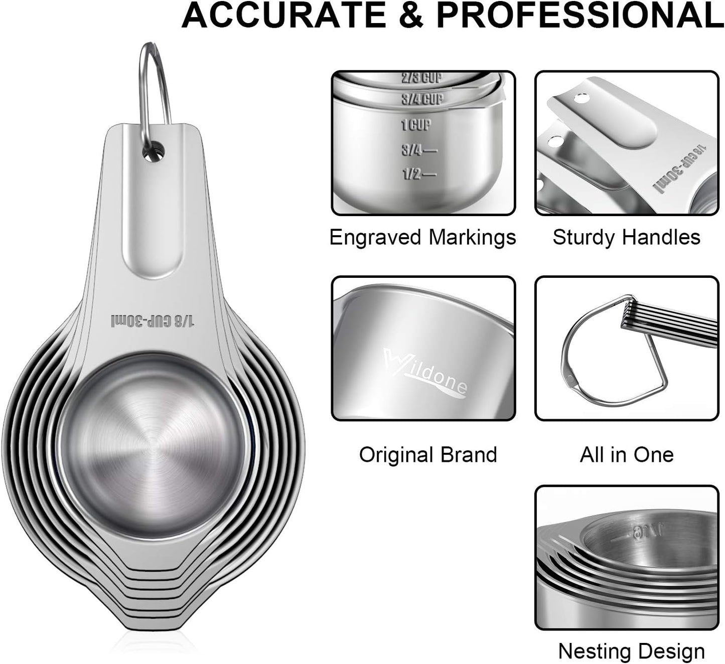 21 Pcs Stainless Steel Measuring Cups and Spoons Set, Wildone Stackable Metal Measuring Cups and Spoons for Cooking & Baking, Includes 7 Cups, 9 Spoons and 5 Mini Spoons（Black）