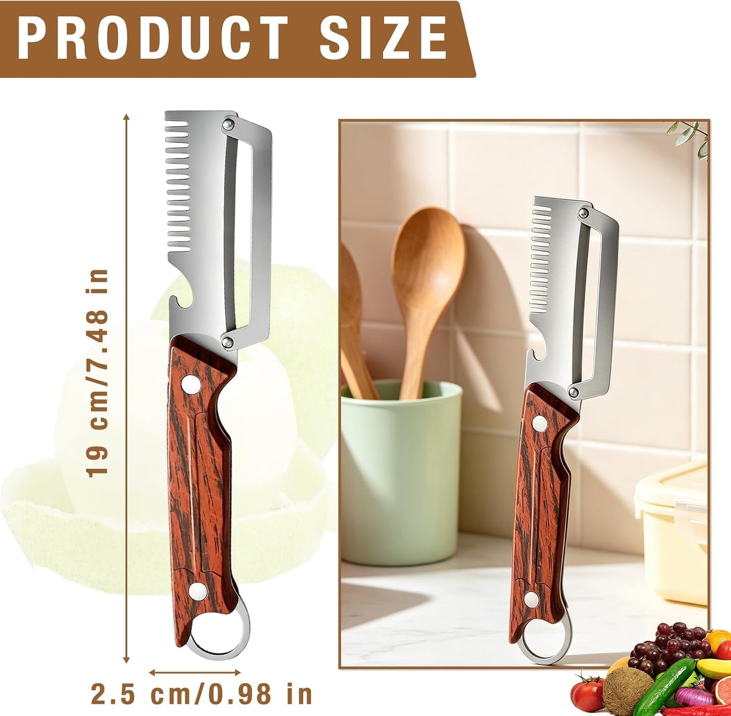 2 Pcs 3-in-1 Multifunctional Vegetable Peele, New Ktchen Multi-function Stainless Steel Thickened Fruit Peeler Knife with Wooden Handle, Kitchen Peeling Tool