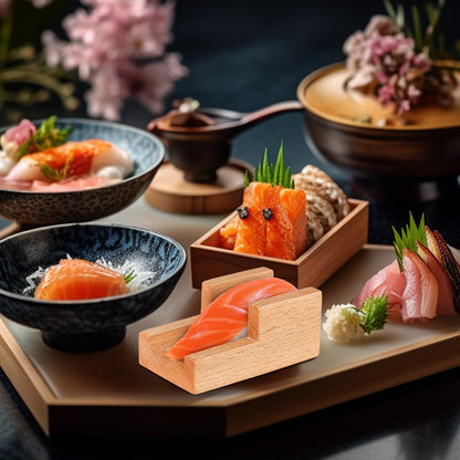 Amosfun Japanese Wooden Sushi Holder - Traditional Sushi Rack Taco Holder for Home Restaurant Party Use 3.54 X 1.96 X 1.57 Inches