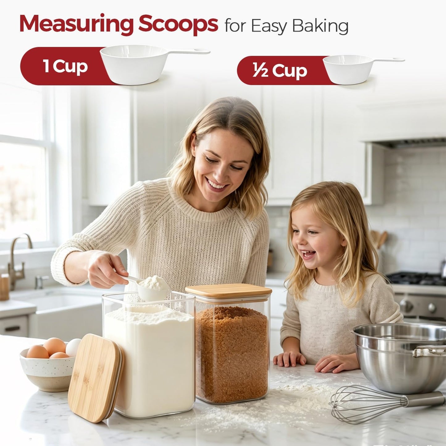 2-Pack 1 Gallon Square Glass Flour and Sugar Containers with Lids, Large Airtight Pantry Jars for Baking - Glass Canisters with Scoops & Labels for Bulk Food