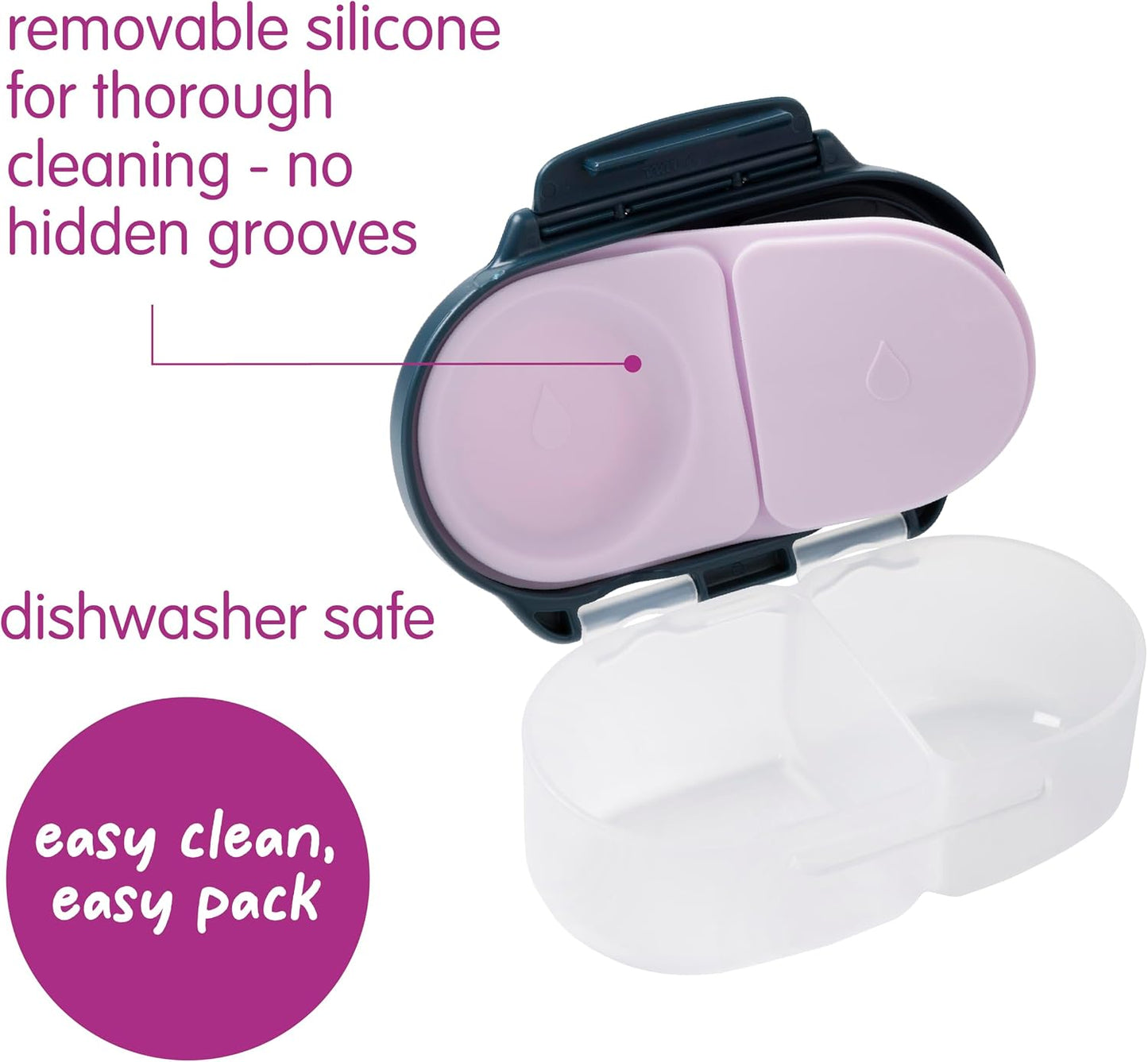 b.box Snack Box 2-Pack - Leak Proof Mini Bento Box for Kids & Toddlers, 2 Compartment Snack Containers for Kids, Dishwasher Safe, BPA-Free, PFAS-Free, Ages 4mo+, 1 3/4 Cup Each (Strawberry + Lilac)