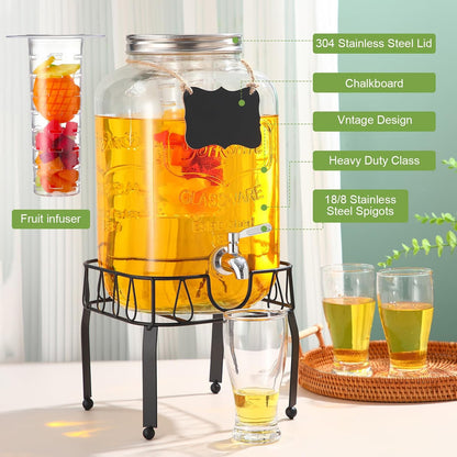 FillTouch 3 Gallon Drink Dispenser with Stand Glass Beverage Dispenser Drink Dispensers with Lid 18/8 Stainless Steel Spigot for Picnics, BBQ, Parties and Daily (Chalkboard Style,Metal Stand)
