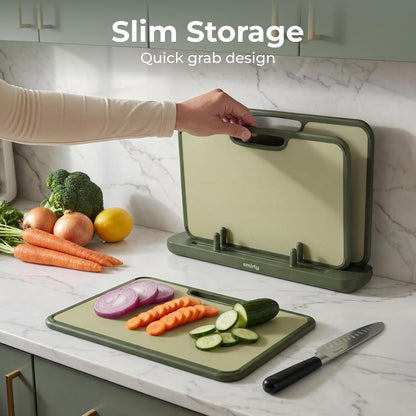 SMIRLY Plastic Cutting Board Set with Holder, Non-Slip Chopping Boards for Kitchen, Dishwasher Safe, Essential Kitchen Gadgets, 3 Pack, Green