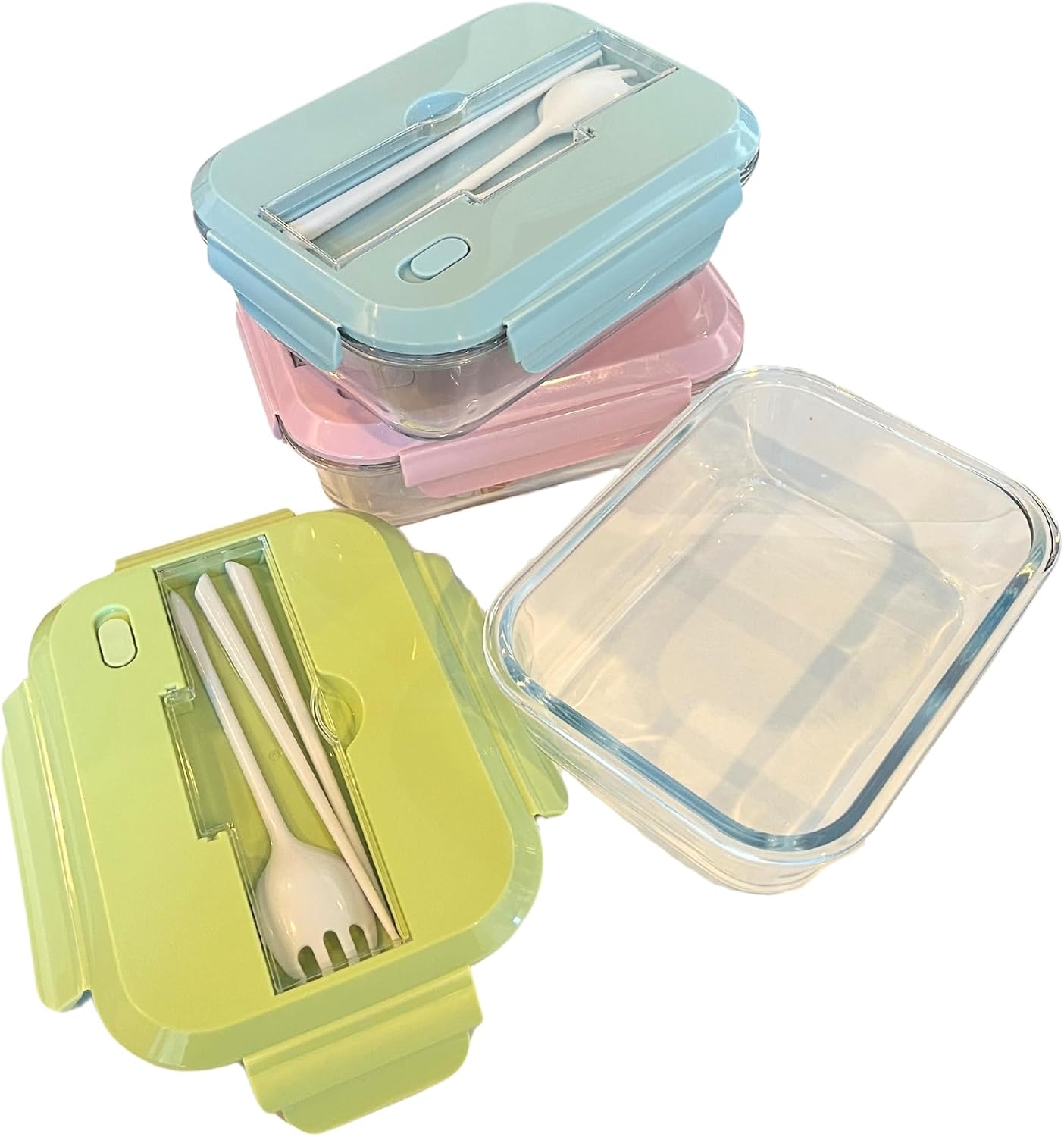 THY COLLECTIBLES Set of 3 36 OZ Glass Lunch Storage Containers with Lids and Utensils, Microwave Safe, Leak Proof, Freezer to Oven Safe for Meal Prep, Leftovers, Cooking, Bento Box (3 Compartments)