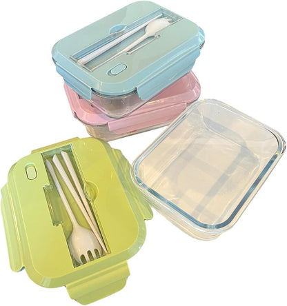 THY COLLECTIBLES Set of 3 36 OZ Glass Lunch Storage Containers with Lids and Utensils, Microwave Safe, Leak Proof, Freezer to Oven Safe for Meal Prep, Leftovers, Cooking, Bento Box (3 Compartments)