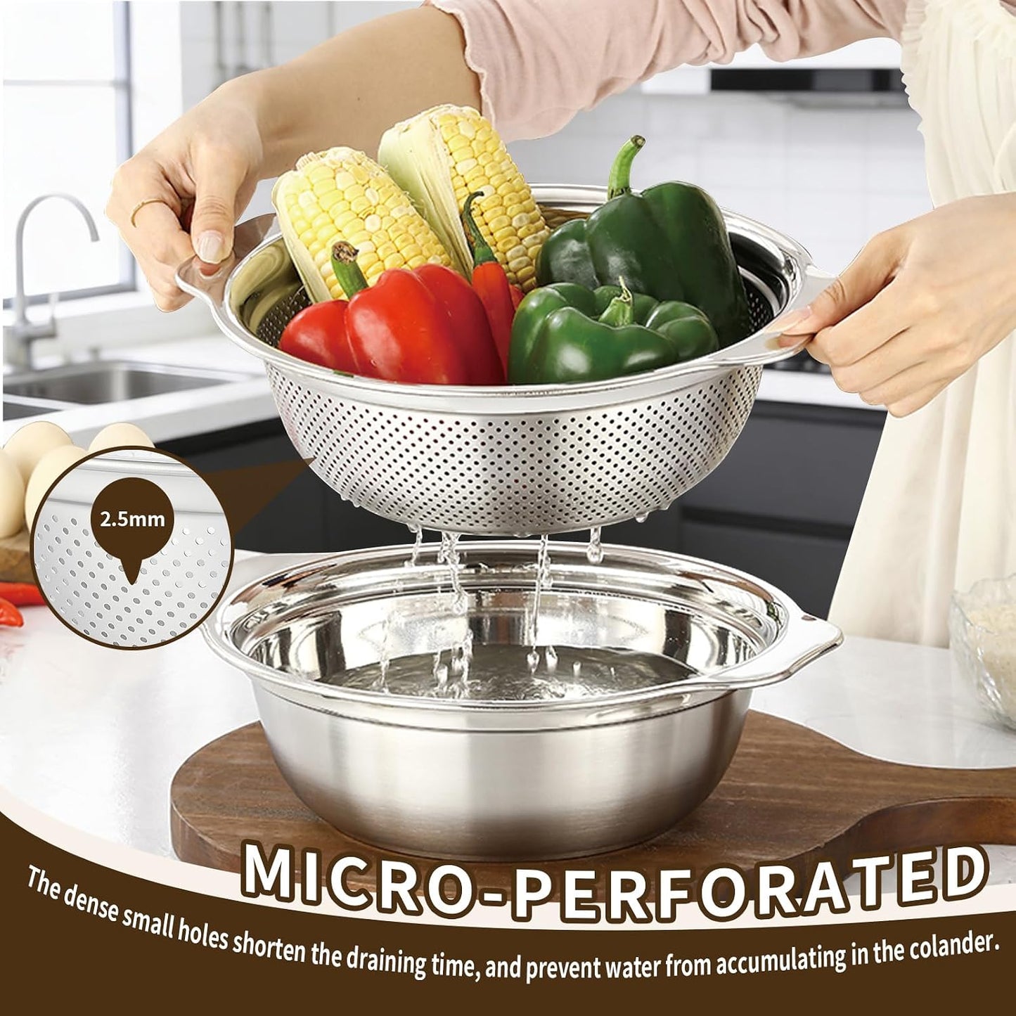 3-in-1 Stainless Steel Colander with Bowl Set – 11.4 Inch Large Fruit Washing Basket & Food Strainer, Multifunctional Drain Basket for Kitchen, Pasta, Vegetable, Rice