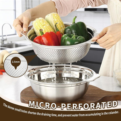 3-in-1 Stainless Steel Colander with Bowl Set – 11.4 Inch Large Fruit Washing Basket & Food Strainer, Multifunctional Drain Basket for Kitchen, Pasta, Vegetable, Rice