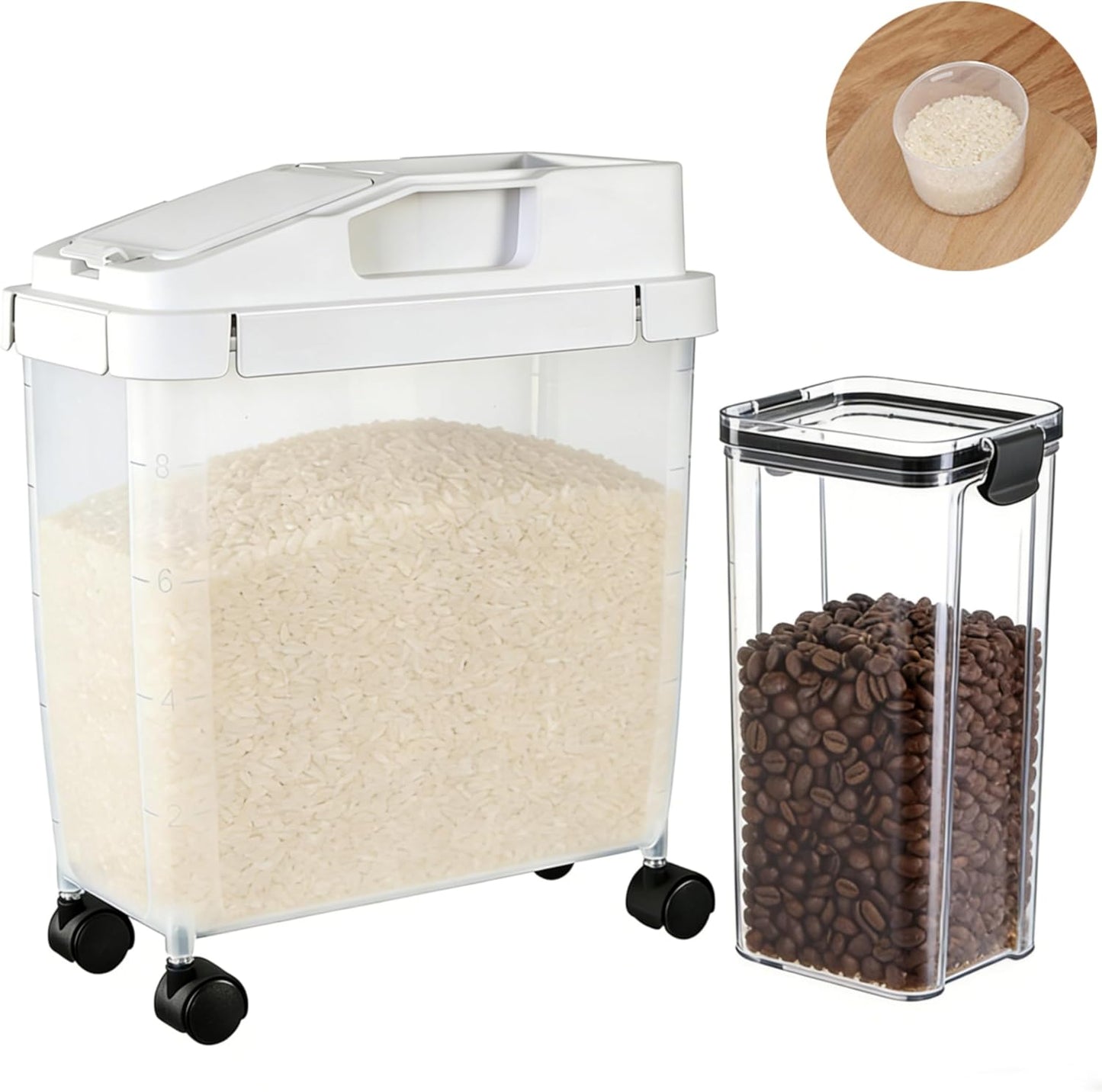 10LRice Container and1.3LStorage container,Storage container Airtight Rice Storage Container with Scale Wheels and Measuring cup, BPA Free Food Dispenser for Rice, Flour, Cereal, Pantry Organization