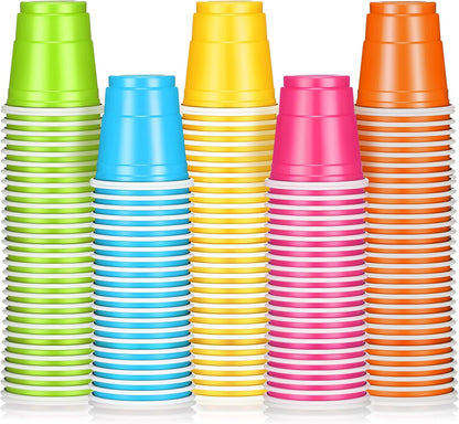 Roshtia 100 Pack 2 oz Plastic Shot Cups, Mini Disposable Shot Glasses 2 oz Wedding Party Cups for Bridal Shower Wedding Party, Beer Taste Serving, Snacks(Black, Gold)