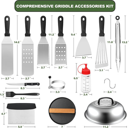 18PCS Griddle Accessories Kit, Flat Top Grill Accessories Set for Blackstone and Camp Chef, Grill Spatula Set with Enlarged Spatulas, Basting Cover, Scraper for Outdoor BBQ