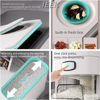 IEEK Rice Dispenser 12 Lbs,Large Cereal Dry Food Storage Containers Rice Storage Container Sealed Moisture Proof with Measuring Cup for Kitchen Pantry Household, White and Grey